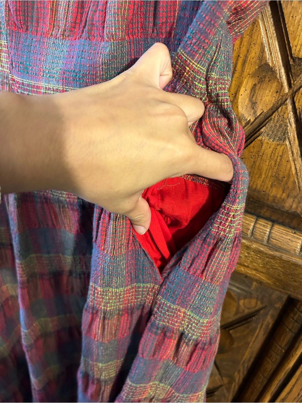 Free People Plaid Midi Dress in Red, Green & Yellow with Tie Front - Picture 6 of 6